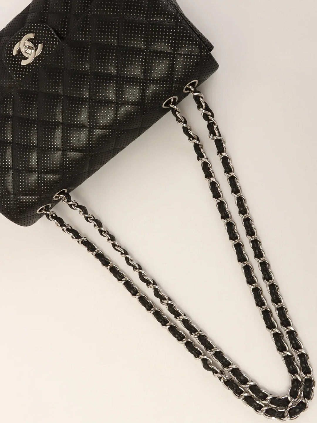 Chanel Around 2007 Punching Leather Turn-Lock Chain Shoulder Bag Black