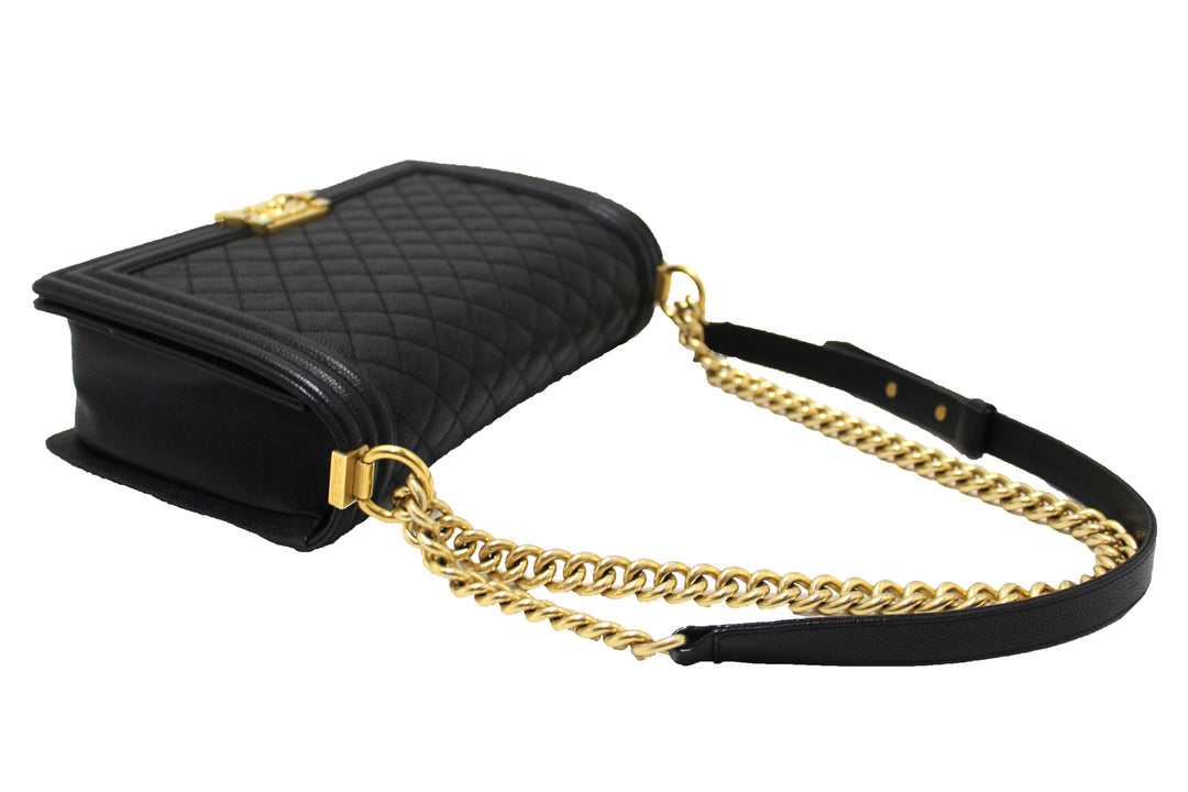 Top Quality Chanel Black Quilted Caviar Leather New Medium Boy Shoulder Bag