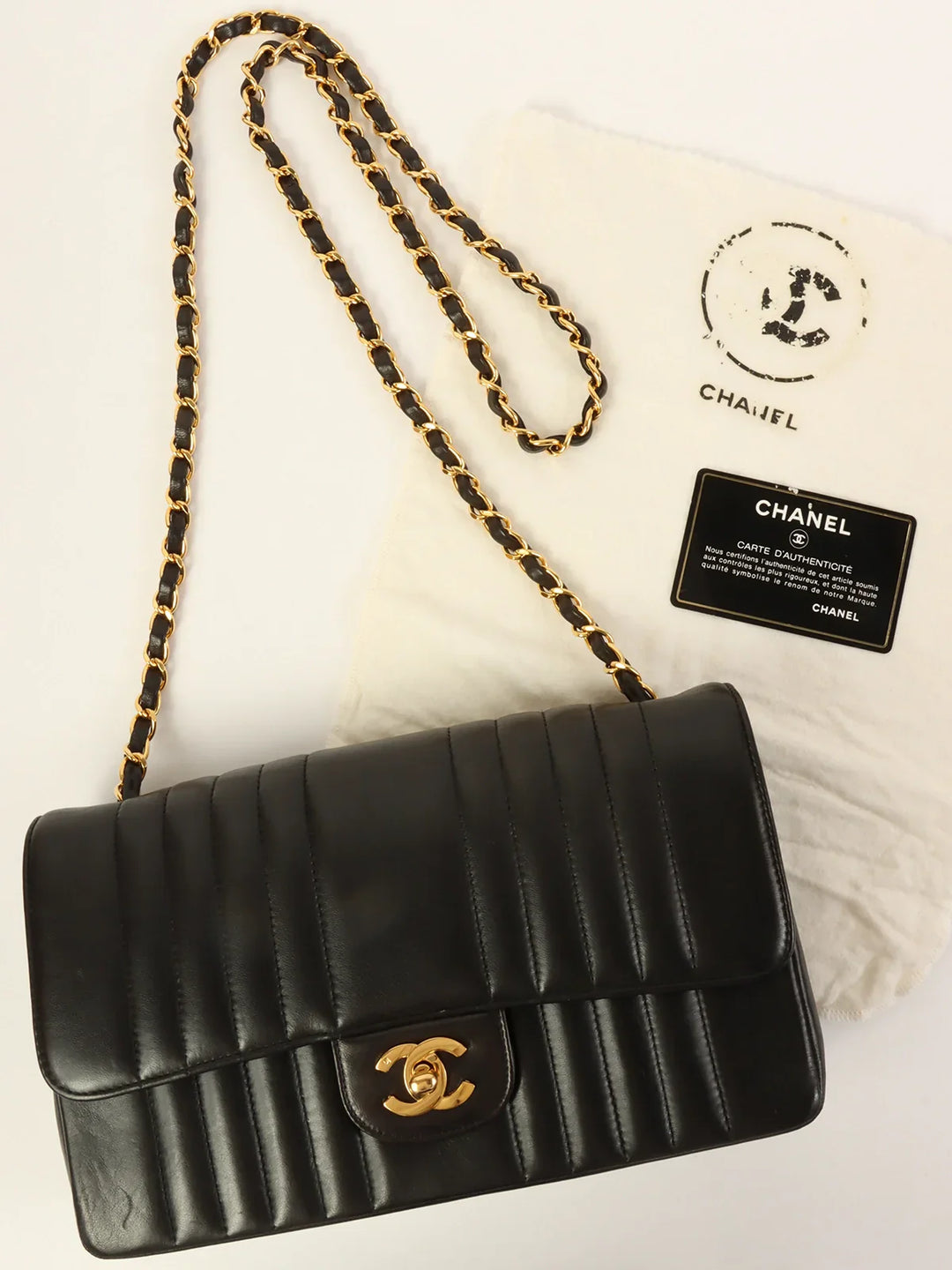 Chanel Around 1992 Made Mademoiselle Stitch Turn-Lock Chain Bag Black