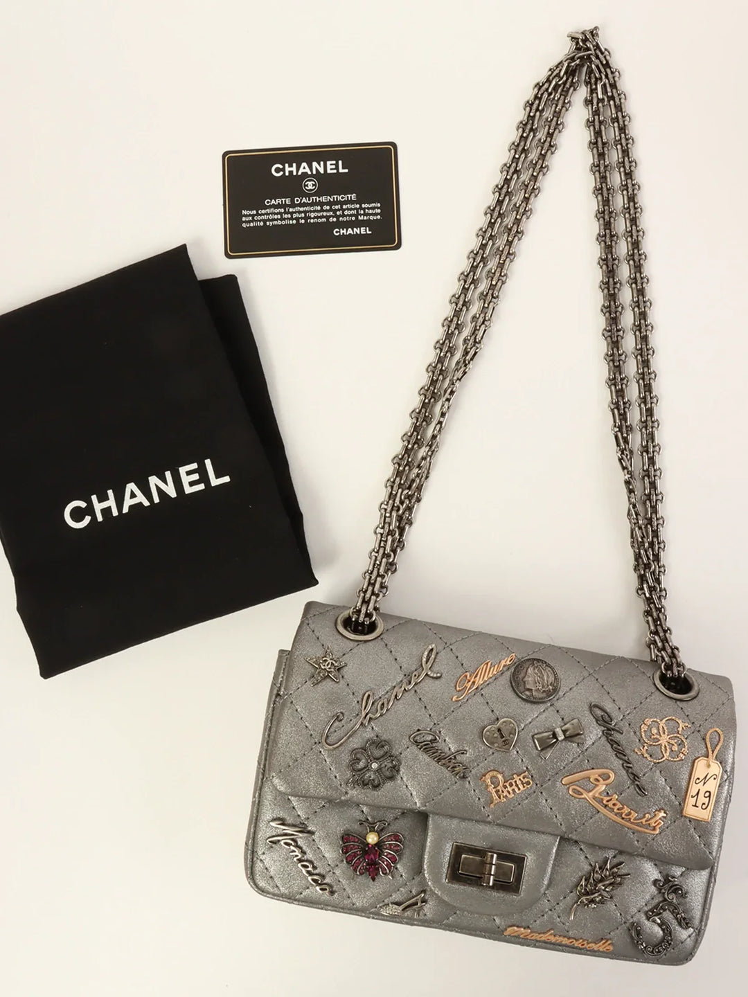 Chanel Around 2007 Made 2.55 Icon Charm Chain Bag Mini Metallic Silver