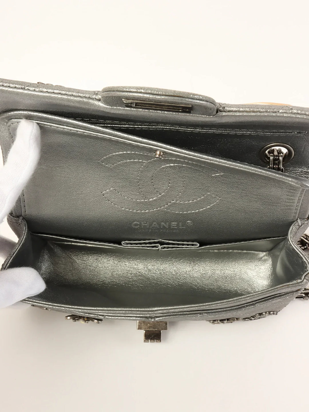 Chanel Around 2007 Made 2.55 Icon Charm Chain Bag Mini Metallic Silver