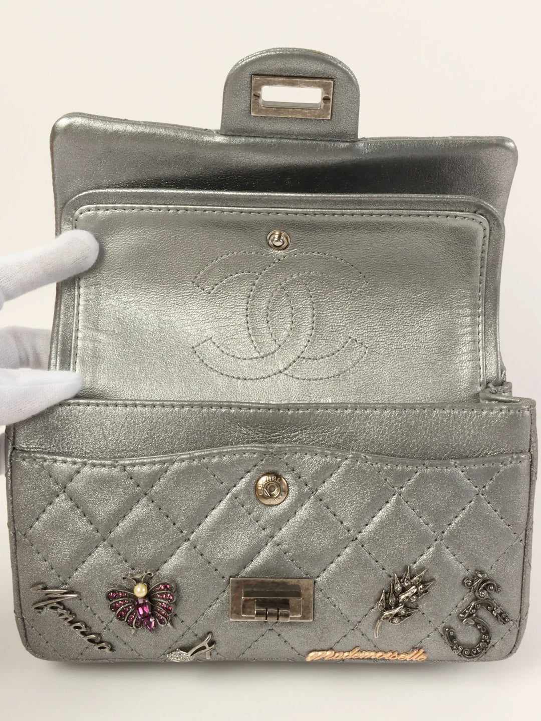 Chanel Around 2007 Made 2.55 Icon Charm Chain Bag Mini Metallic Silver