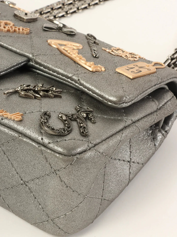 Chanel Around 2007 Made 2.55 Icon Charm Chain Bag Mini Metallic Silver