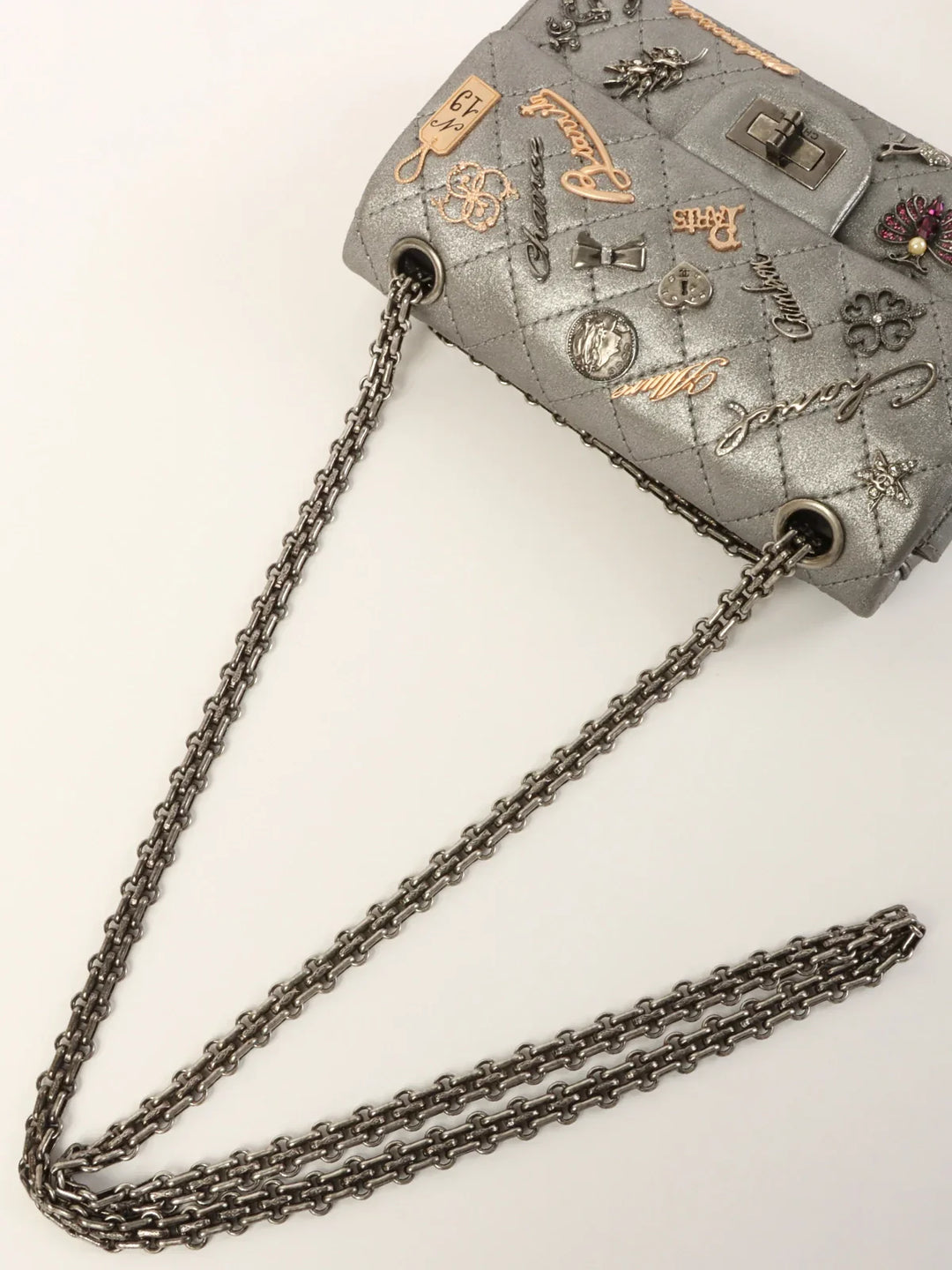 Chanel Around 2007 Made 2.55 Icon Charm Chain Bag Mini Metallic Silver
