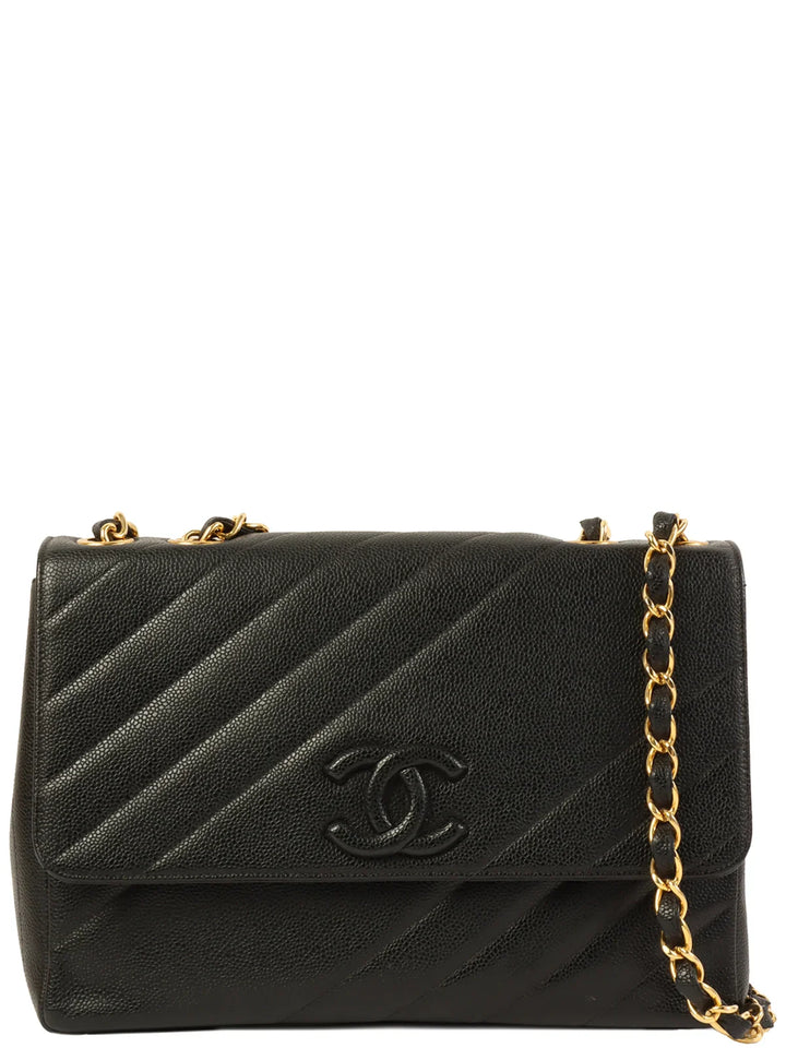 Chanel Around 1995 Made Caviar Skin Cc Mark Diagonal Stitch Chain Bag Black