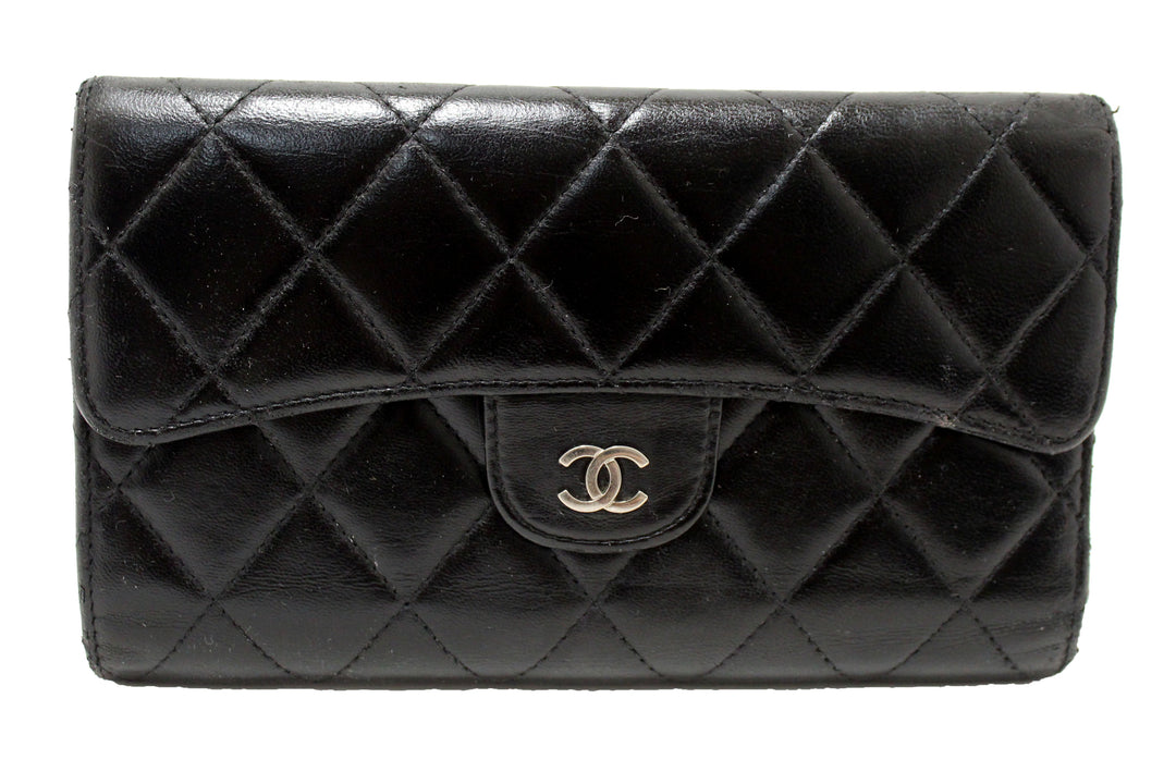 Top Quality Chanel Black Quilted Lambskin Leather Trifold Flap Wallet