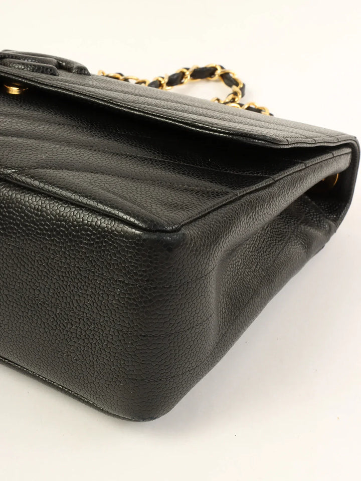 Chanel Around 1995 Made Caviar Skin Cc Mark Diagonal Stitch Chain Bag Black