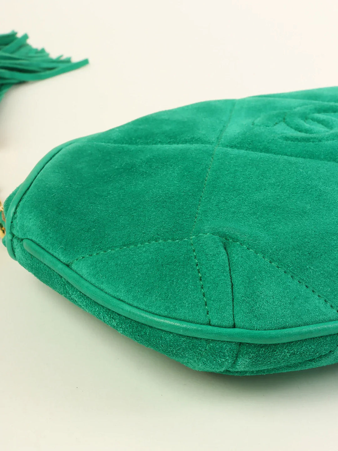 Chanel Around 1990 Made Suede Cc Mark Stitch Tassel Clutch Bag Cobalt Green