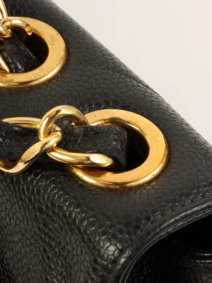 Chanel Around 1995 Made Caviar Skin Cc Mark Diagonal Stitch Chain Bag Black