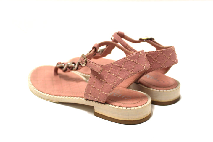 Top Quality Chanel Pink Quilted Leather Chain Link Thong Flat Sandals Size 37