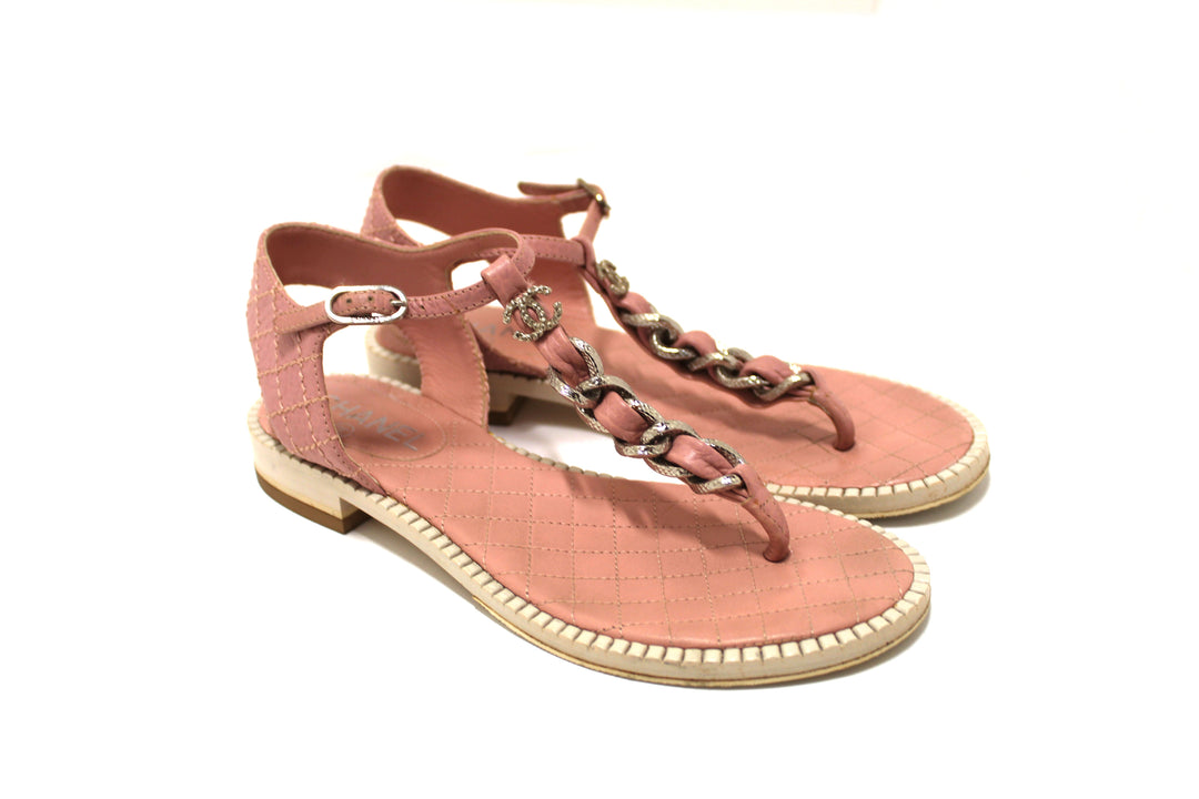 Top Quality Chanel Pink Quilted Leather Chain Link Thong Flat Sandals Size 37