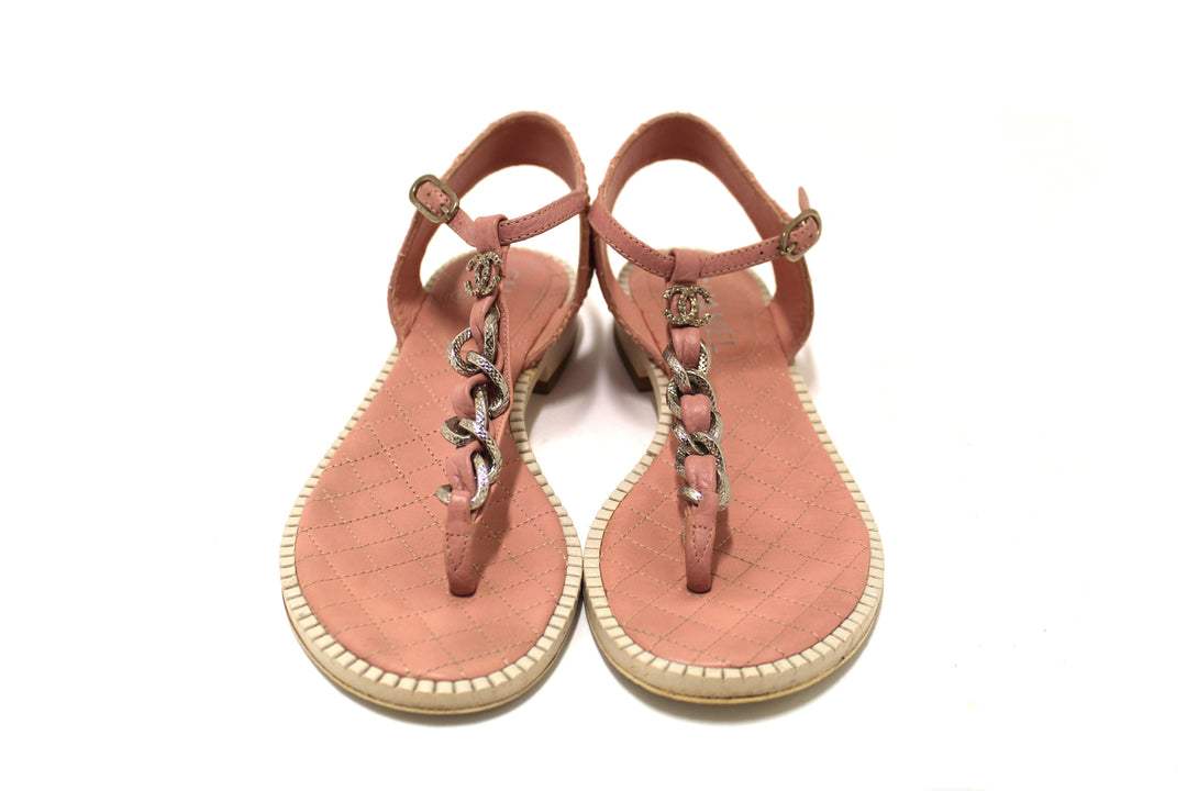 Top Quality Chanel Pink Quilted Leather Chain Link Thong Flat Sandals Size 37