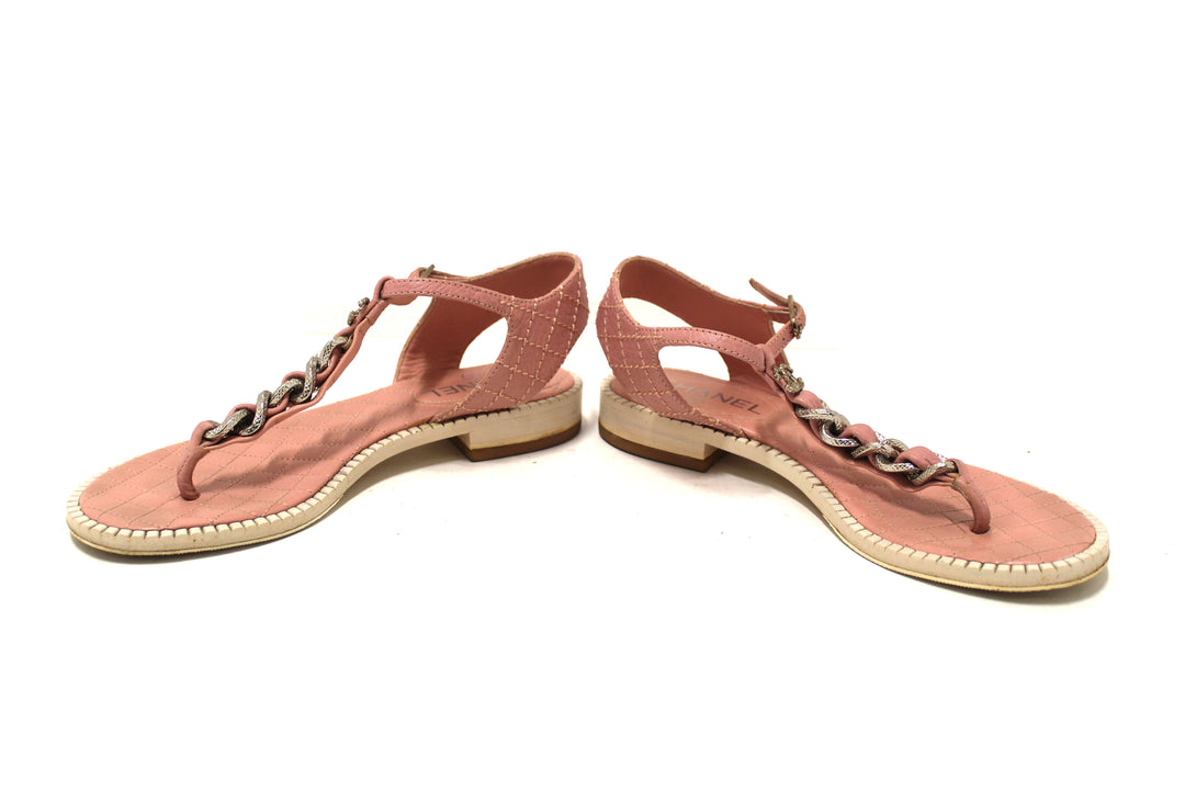 Top Quality Chanel Pink Quilted Leather Chain Link Thong Flat Sandals Size 37
