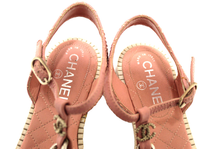 Top Quality Chanel Pink Quilted Leather Chain Link Thong Flat Sandals Size 37
