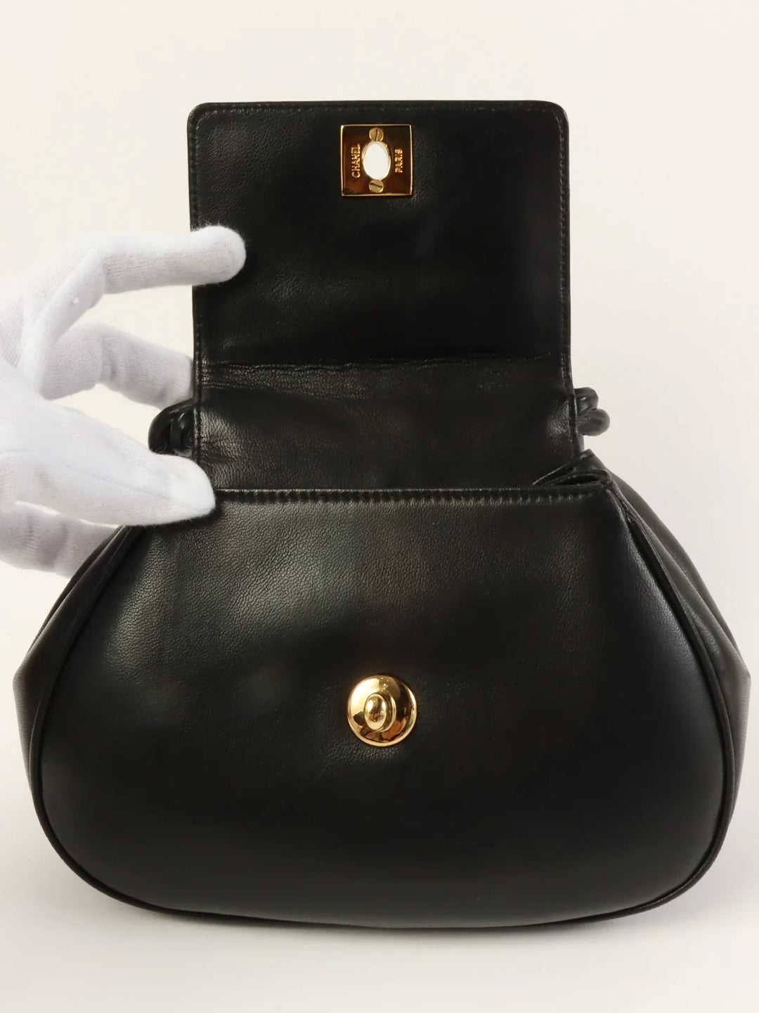 Chanel Around 1997 Made Turn-Lock Twist Top Handle Bag Black