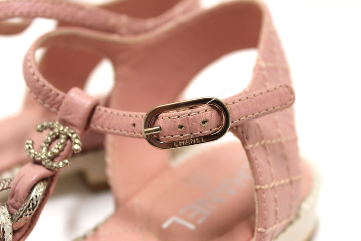 Top Quality Chanel Pink Quilted Leather Chain Link Thong Flat Sandals Size 37