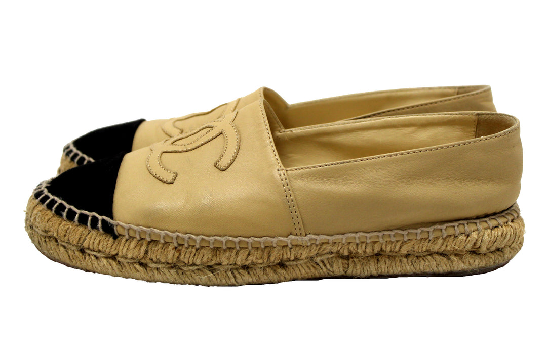Top Quality Chanel Beige/Black Lambskin Leather Espadrilles Shoes Size 37.5