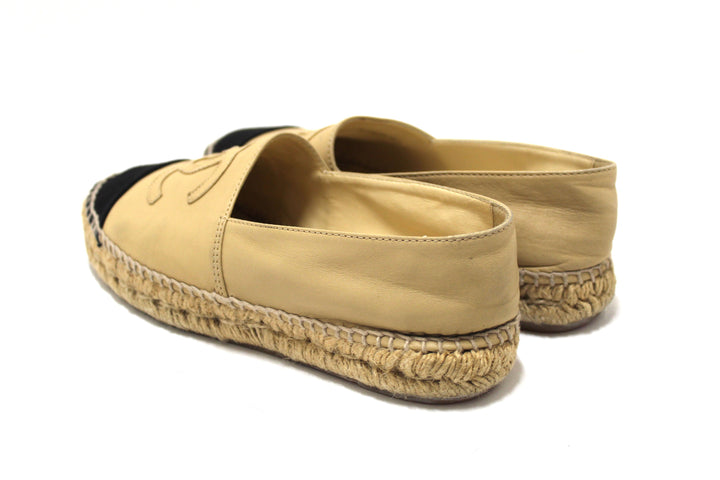 Top Quality Chanel Beige/Black Lambskin Leather Espadrilles Shoes Size 37.5