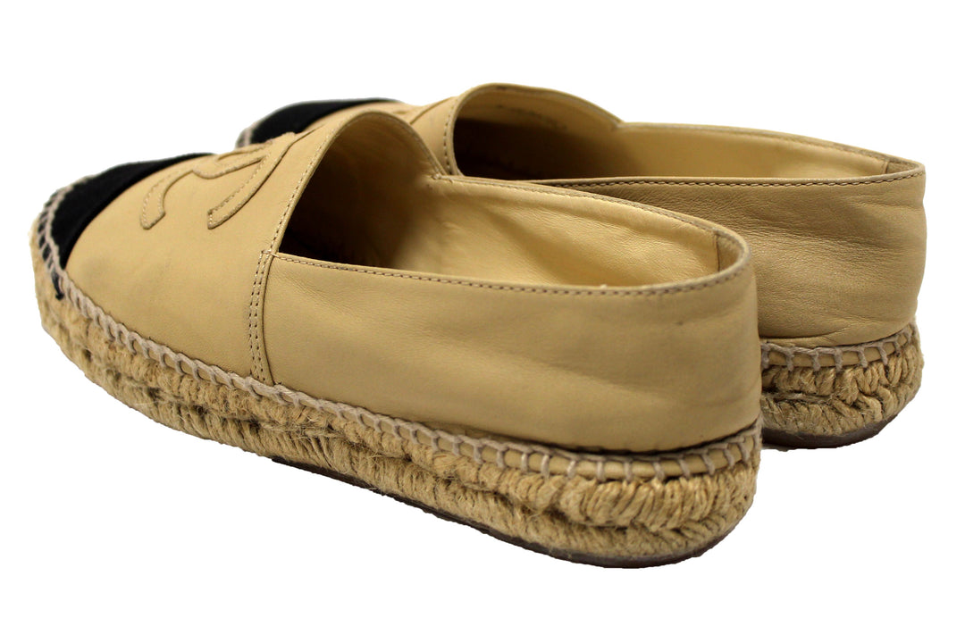 Top Quality Chanel Beige/Black Lambskin Leather Espadrilles Shoes Size 37.5