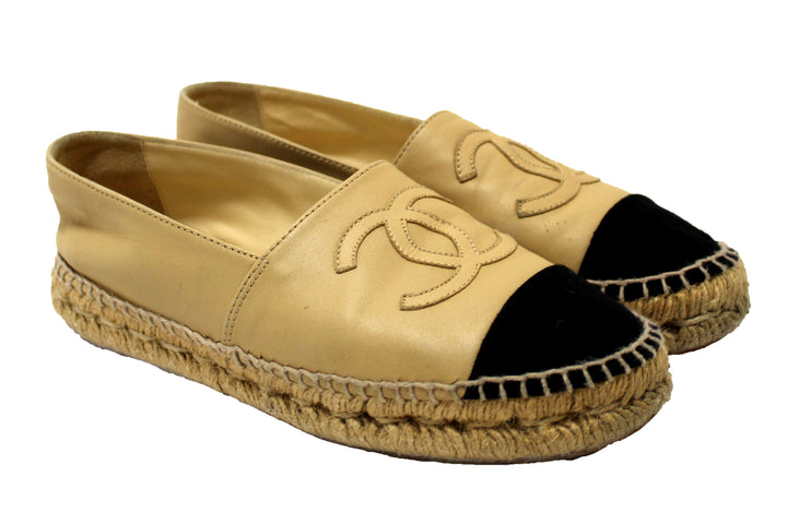Top Quality Chanel Beige/Black Lambskin Leather Espadrilles Shoes Size 37.5