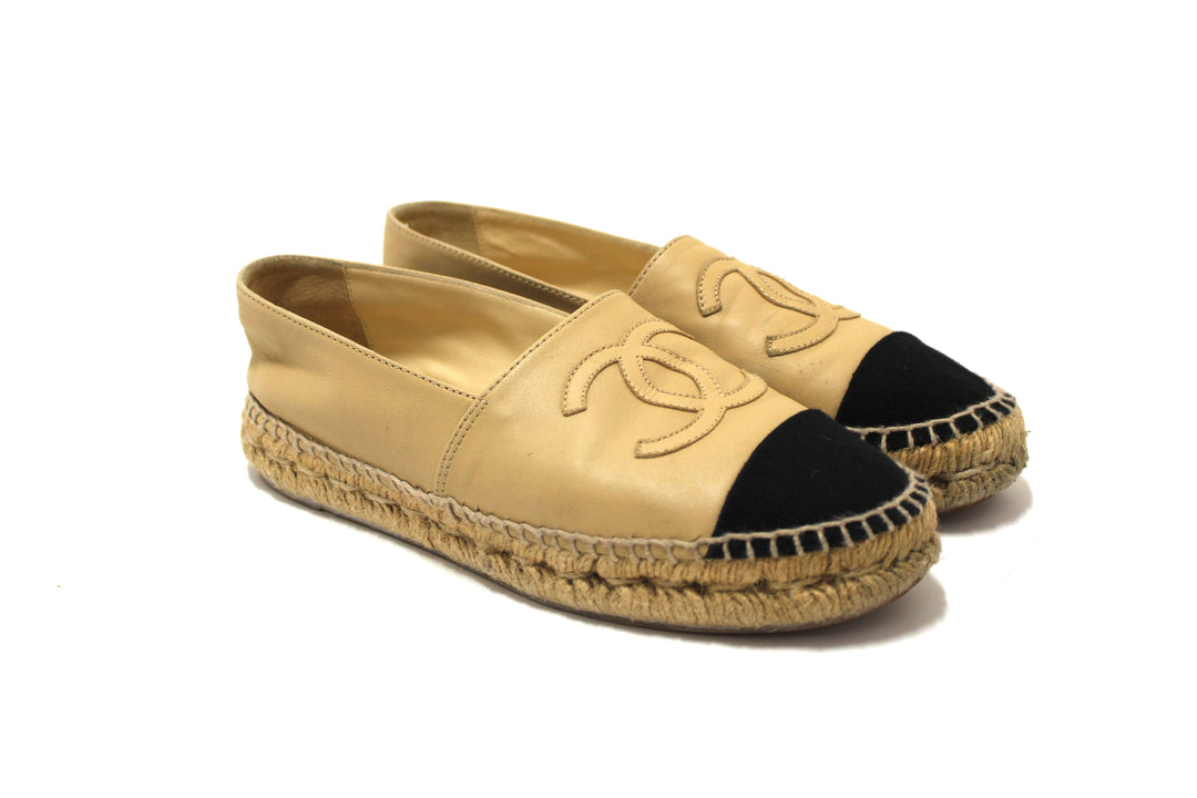 Top Quality Chanel Beige/Black Lambskin Leather Espadrilles Shoes Size 37.5