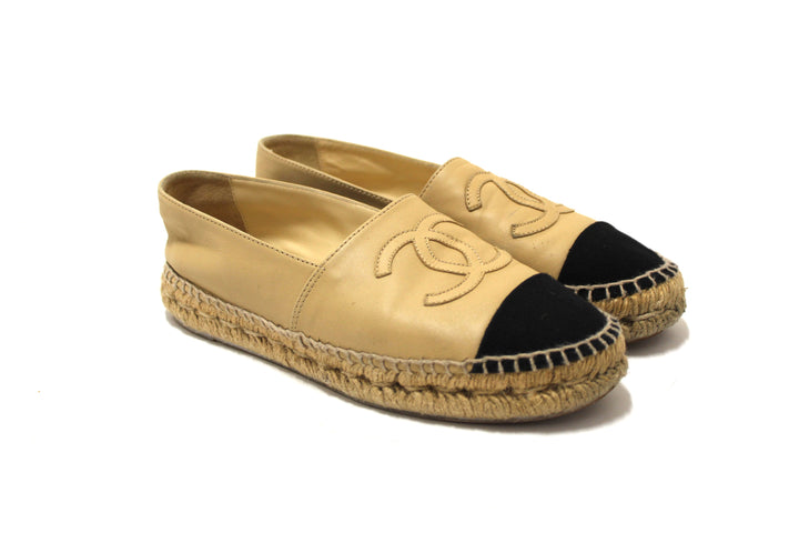Top Quality Chanel Beige/Black Lambskin Leather Espadrilles Shoes Size 37.5
