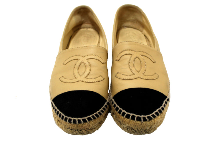 Top Quality Chanel Beige/Black Lambskin Leather Espadrilles Shoes Size 37.5