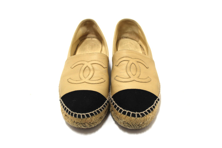 Top Quality Chanel Beige/Black Lambskin Leather Espadrilles Shoes Size 37.5
