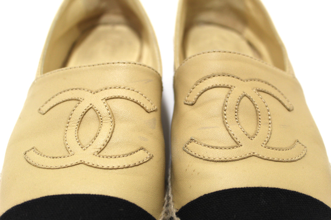Top Quality Chanel Beige/Black Lambskin Leather Espadrilles Shoes Size 37.5