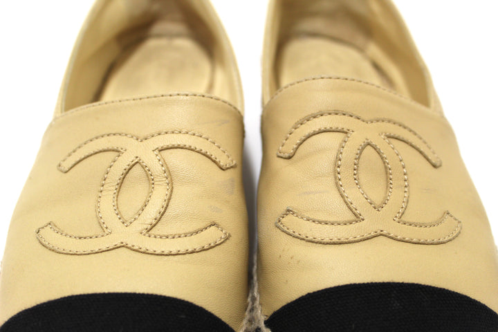 Top Quality Chanel Beige/Black Lambskin Leather Espadrilles Shoes Size 37.5