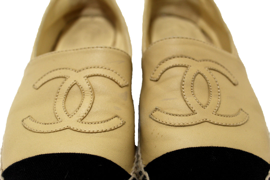 Top Quality Chanel Beige/Black Lambskin Leather Espadrilles Shoes Size 37.5