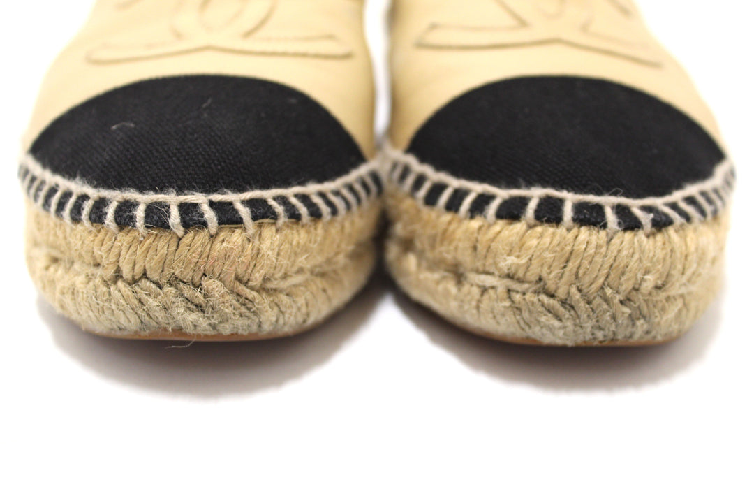 Top Quality Chanel Beige/Black Lambskin Leather Espadrilles Shoes Size 37.5