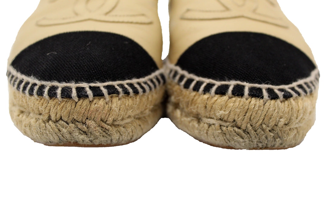 Top Quality Chanel Beige/Black Lambskin Leather Espadrilles Shoes Size 37.5