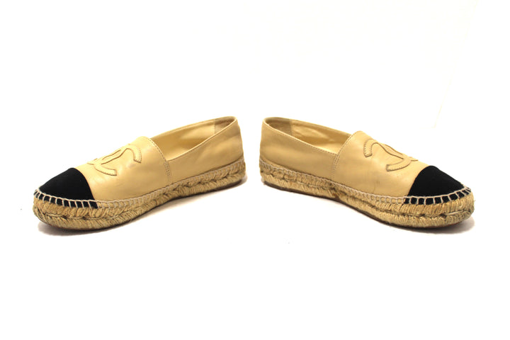 Top Quality Chanel Beige/Black Lambskin Leather Espadrilles Shoes Size 37.5