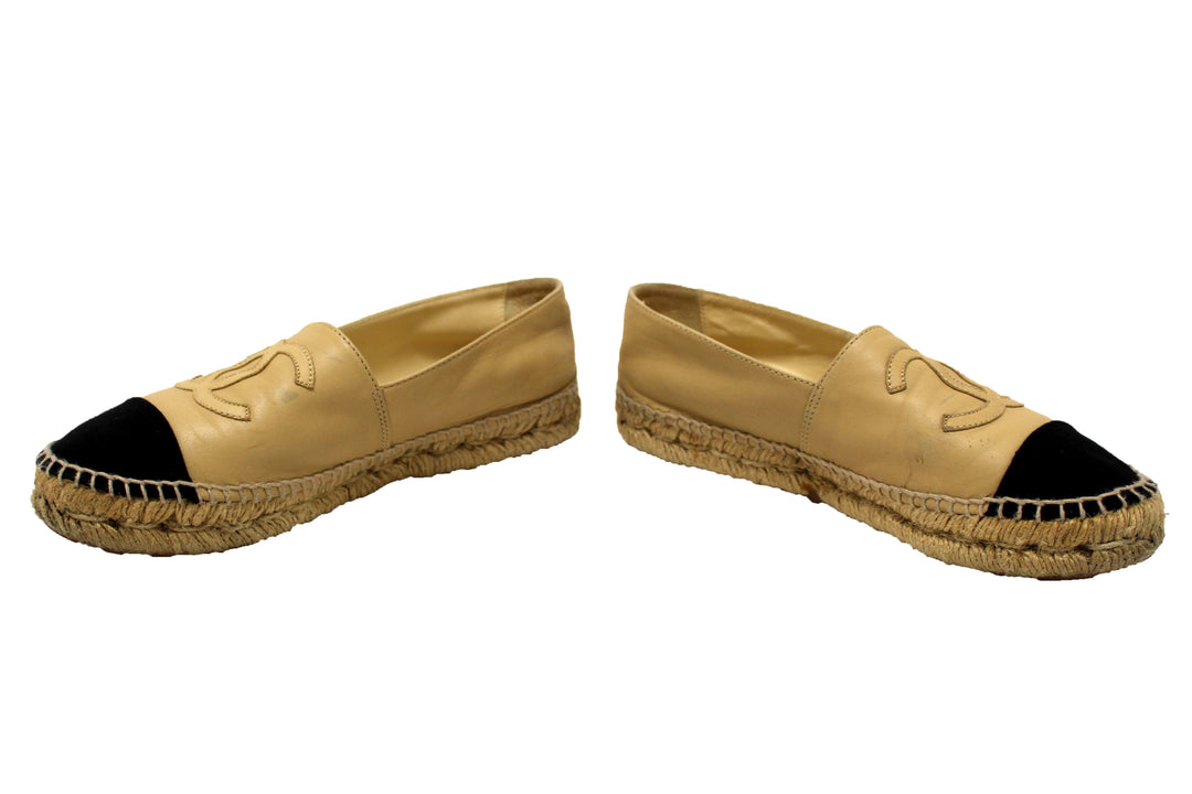 Top Quality Chanel Beige/Black Lambskin Leather Espadrilles Shoes Size 37.5