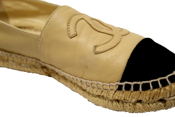 Top Quality Chanel Beige/Black Lambskin Leather Espadrilles Shoes Size 37.5