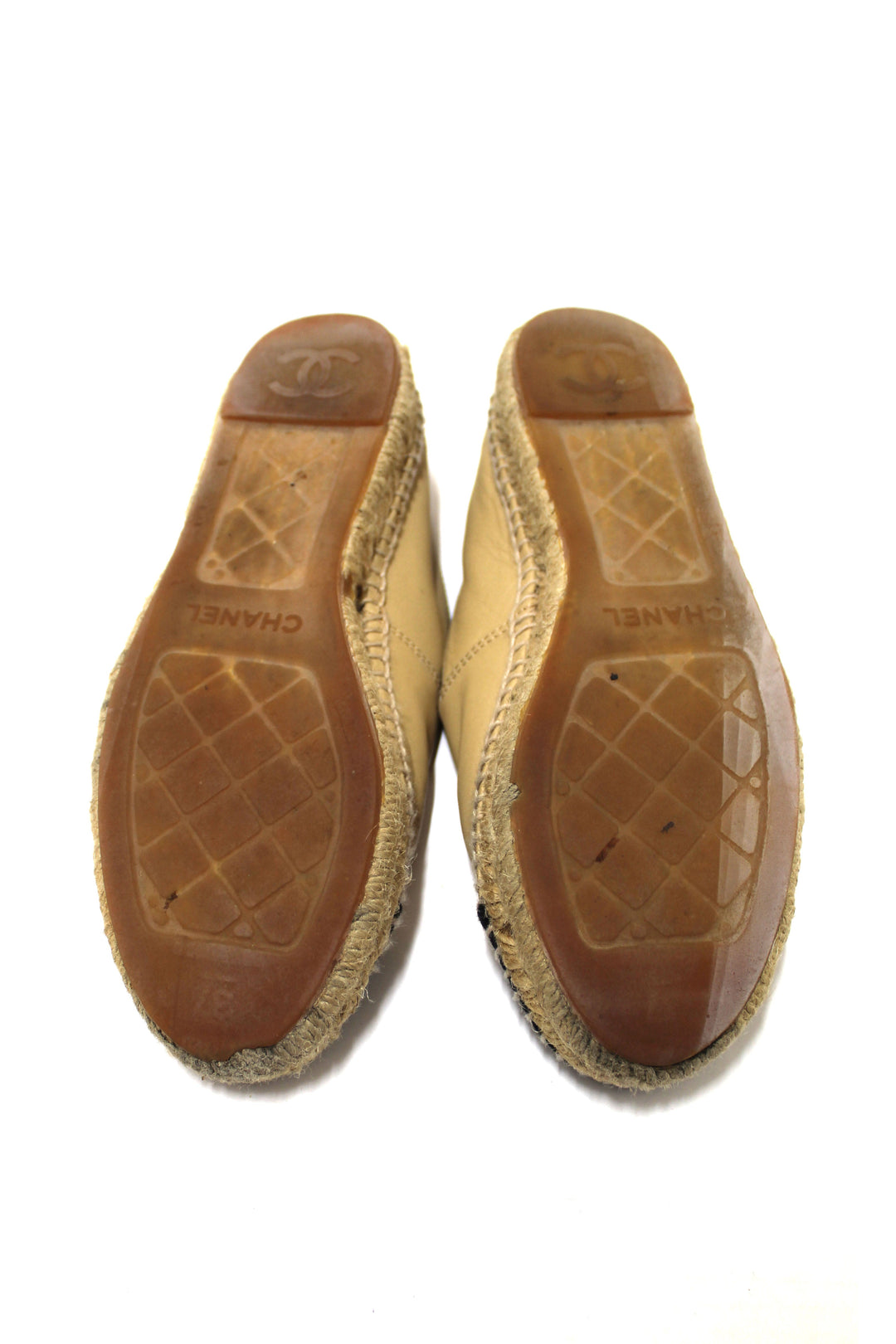 Top Quality Chanel Beige/Black Lambskin Leather Espadrilles Shoes Size 37.5