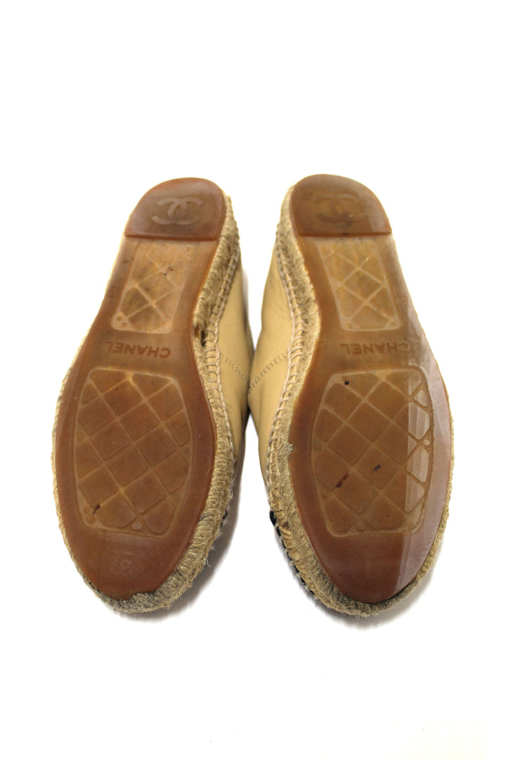 Top Quality Chanel Beige/Black Lambskin Leather Espadrilles Shoes Size 37.5
