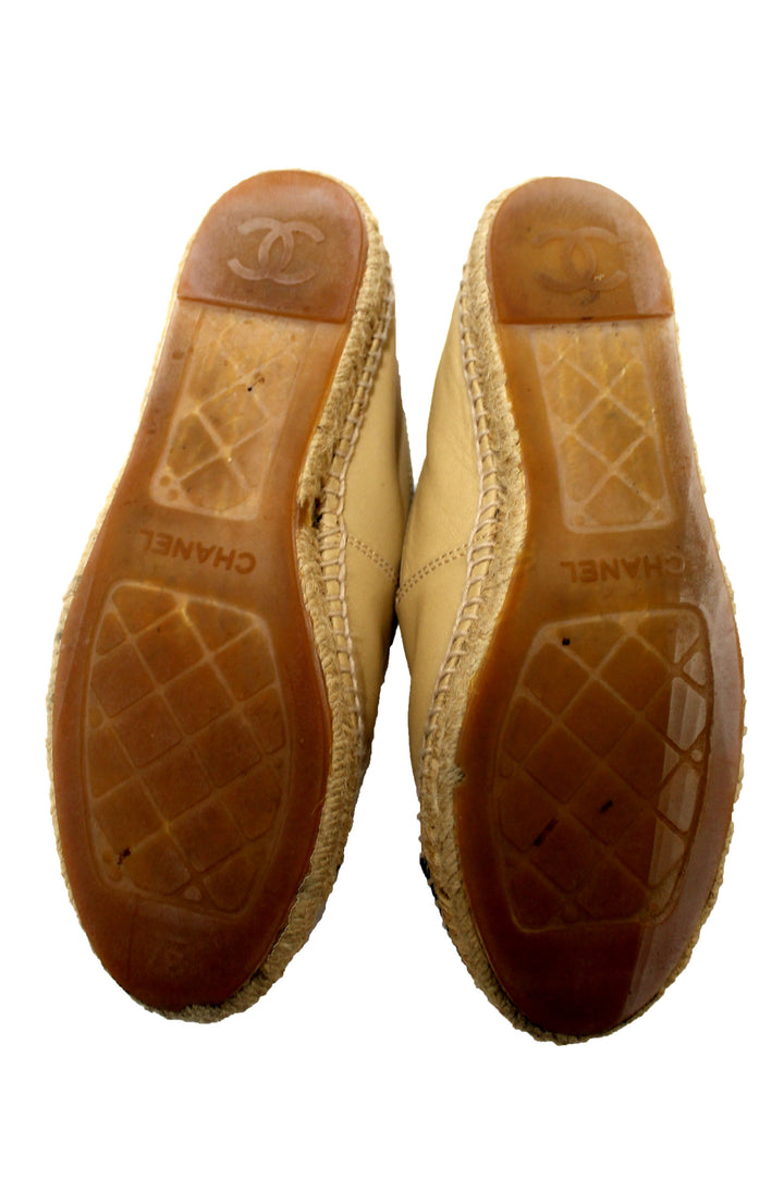 Top Quality Chanel Beige/Black Lambskin Leather Espadrilles Shoes Size 37.5