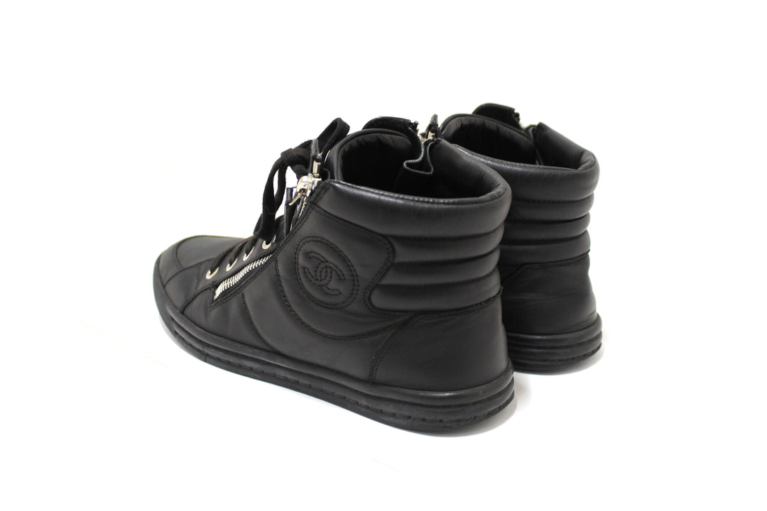 Top Quality Chanel Black Leather CC Zip Link High Top Sneakers Size 37
