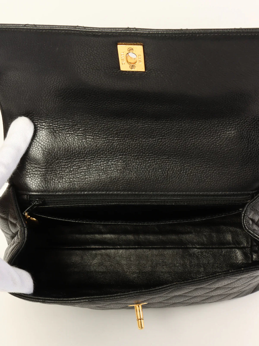 Chanel Around 1997 Made Caviar Skin Turn-Lock Top Handle Bag Black