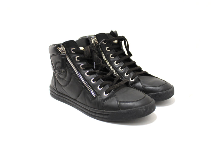 Top Quality Chanel Black Leather CC Zip Link High Top Sneakers Size 37