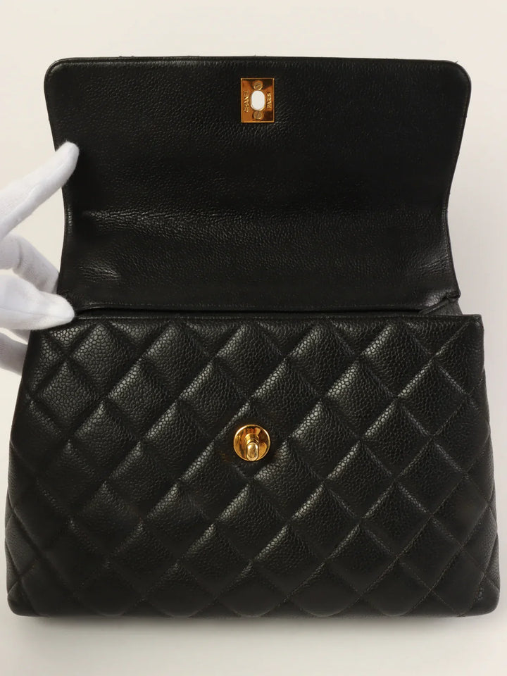 Chanel Around 1997 Made Caviar Skin Turn-Lock Top Handle Bag Black