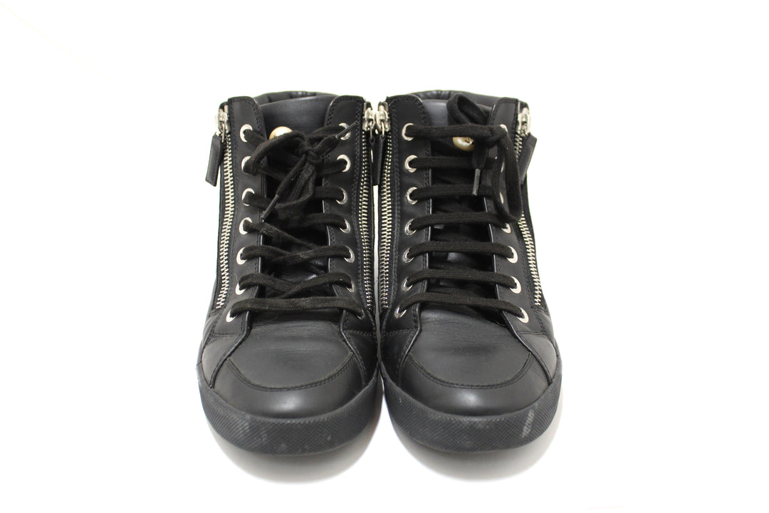 Top Quality Chanel Black Leather CC Zip Link High Top Sneakers Size 37