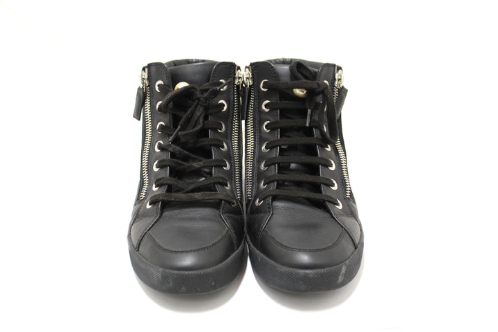 Top Quality Chanel Black Leather CC Zip Link High Top Sneakers Size 37