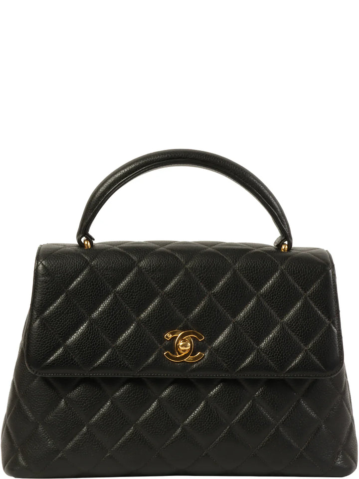 Chanel Around 1997 Made Caviar Skin Turn-Lock Top Handle Bag Black