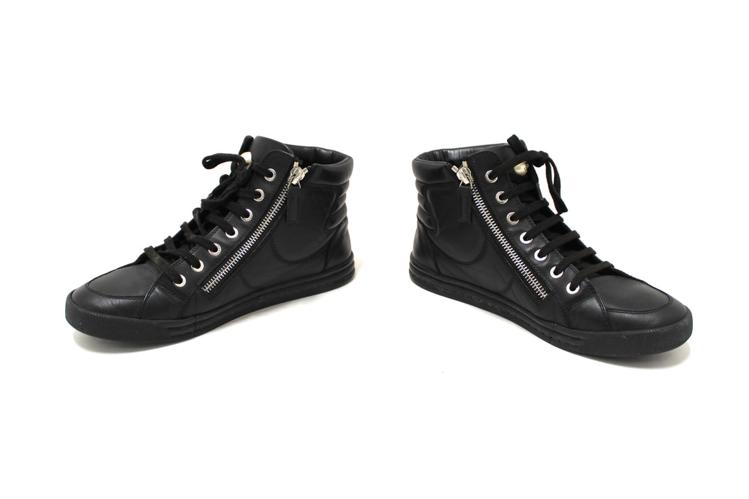 Top Quality Chanel Black Leather CC Zip Link High Top Sneakers Size 37