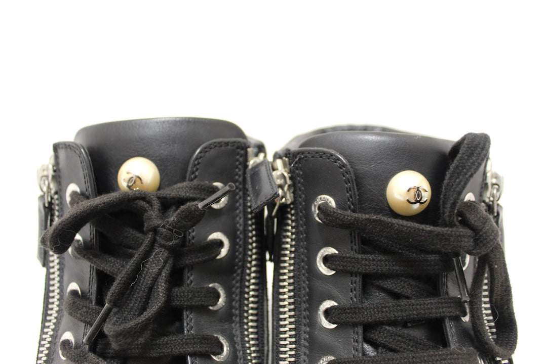 Top Quality Chanel Black Leather CC Zip Link High Top Sneakers Size 37