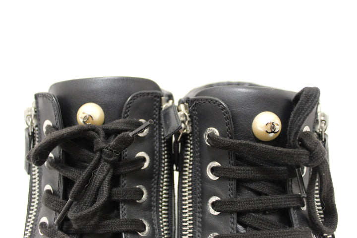 Top Quality Chanel Black Leather CC Zip Link High Top Sneakers Size 37