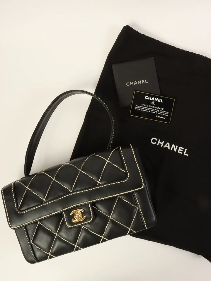 Chanel Around 2004 Made Wild Stitch Turn-Lock Top Handle Bag Black